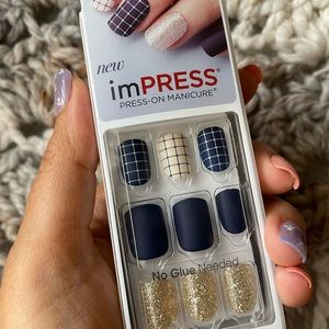Impress Nails Press On Nails Navy and Gold Mod Nails NEW